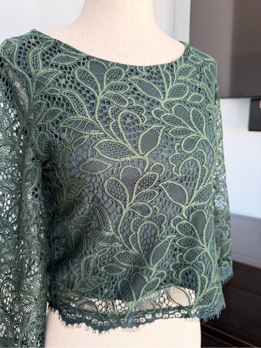 Metaphor Dark Forest Green Floral Lace Boatneck Top
